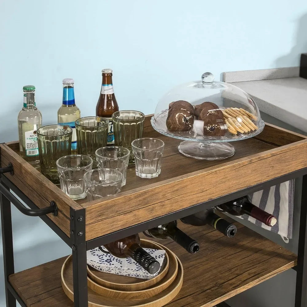 Kitchen Island, Mobile Kitchen Service Cart with Removable Tray, Industrial Vintage Style Wood Metal Kitchen