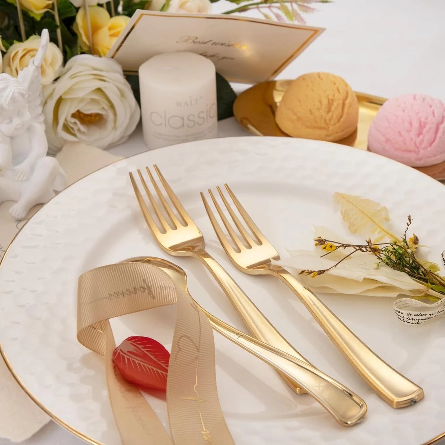 WDF 500PCS Gold Plastic Silverware Set Disposable - Gold Cutlery Set Plastic Utensils Set - 250 Gold Forks, 125 Spoons