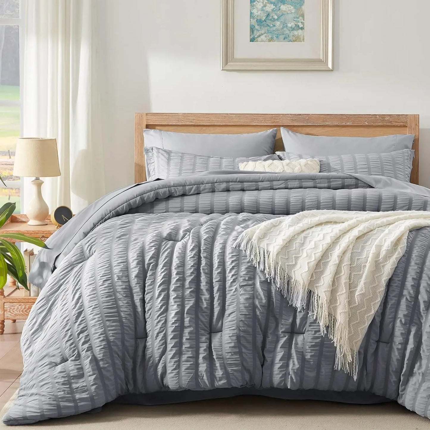 Bed Comforter Set - 7 Pieces All Season with Sheet, Lightweight Cozy Textured, Comforter, Sheets, Pillowcases & Shams, Bed Cover