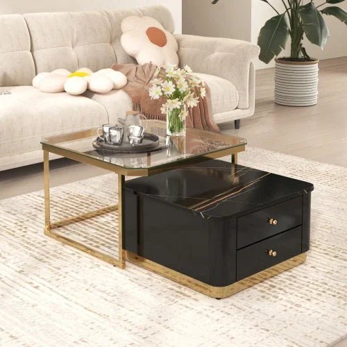 Café Tables, Modern 2 Piece White Round Nested Coffee Table with Drawers