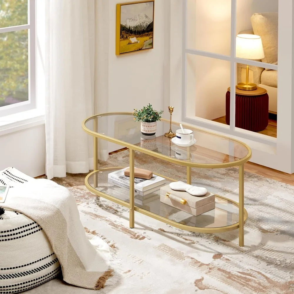 42" Oval Glass, 2-Tier Center with Storage Shelf & Metal Frame for Small Space, Tea Table