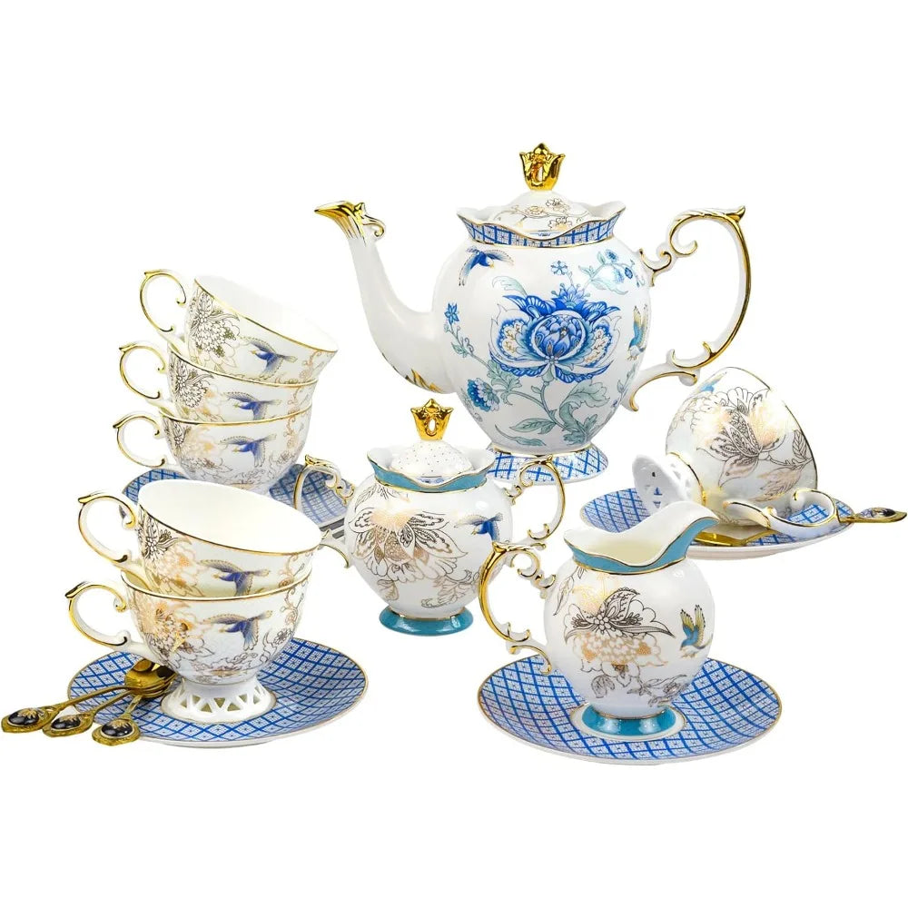 21-Piece Vintage Tea Cup Sets With Golds Bone China Tea Sets Blue and White Ceramic Ceramics & Pottery Teaware Teacup Set Tools