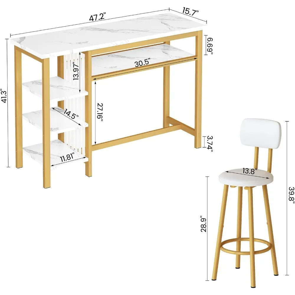 6-piece Bar Counter Table and Chairs, Modern White Artificial Marble Table, Dining Room Set with Multiple Storage Spaces