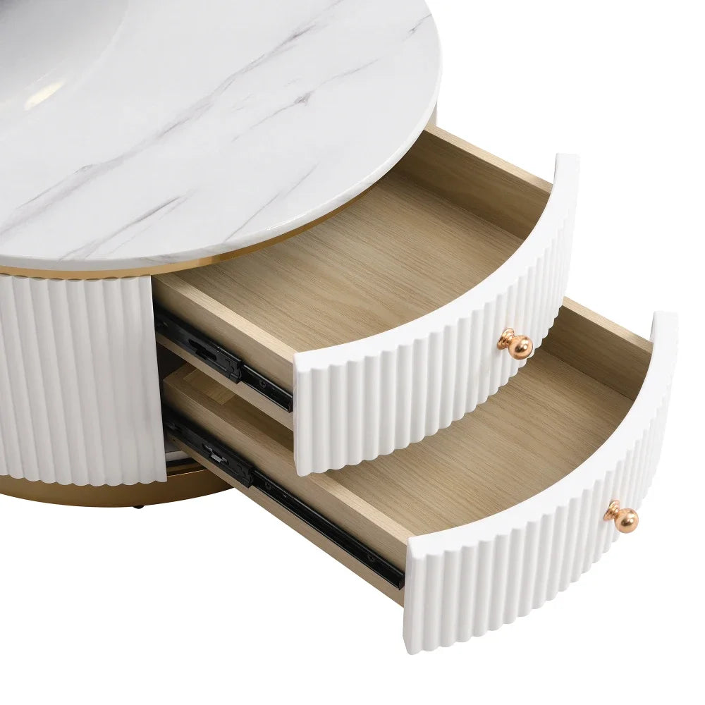 Café Tables, Modern 2 Piece White Round Nested Coffee Table with Drawers