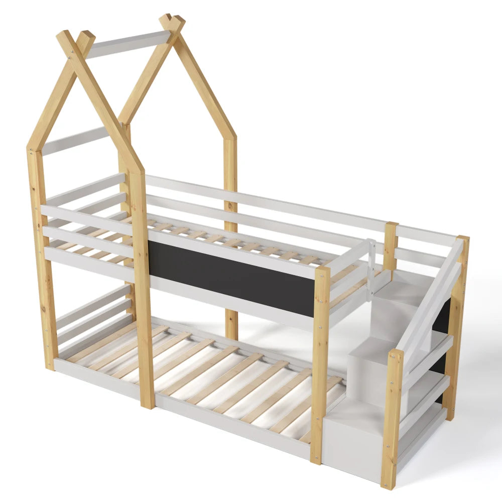 Twin over Twin House Bunk Bed with White Storage Staircase and Blackboard, White and Natural,Beds