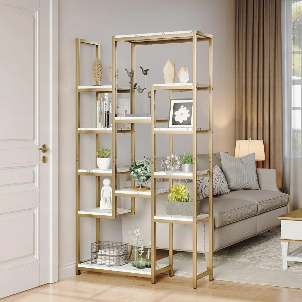 6 Tier Gold Bookshelf Home Decor Items 71” Tall Modern Free Standing Bookshelf With 12 Shelf Bookcase Room Wall