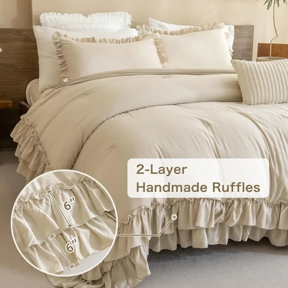 Bedding Sets 3 Pieces (1 Ruffle Comforter and 2 Pillowcases), Bed Comforter Vintage Rustic French Country, Easy Care, Bed Cover