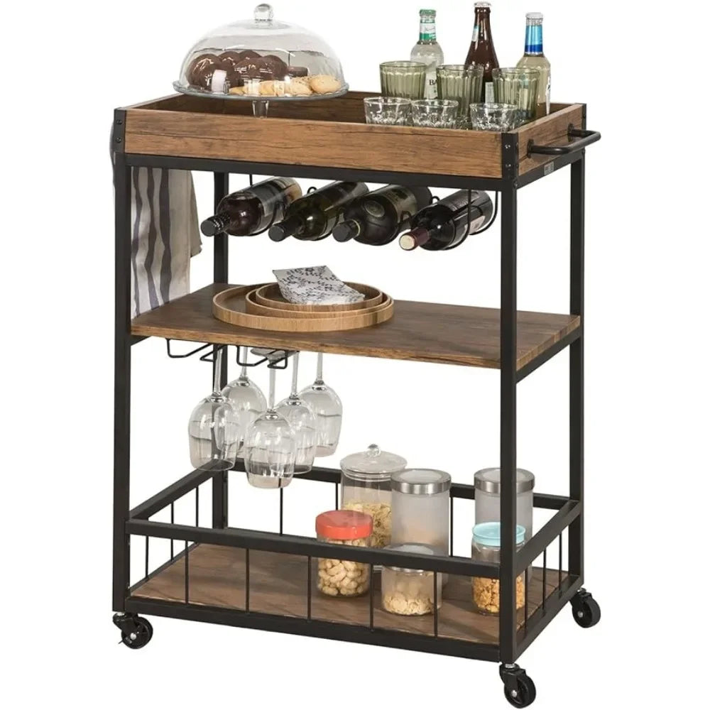 Kitchen Island, Mobile Kitchen Service Cart with Removable Tray, Industrial Vintage Style Wood Metal Kitchen