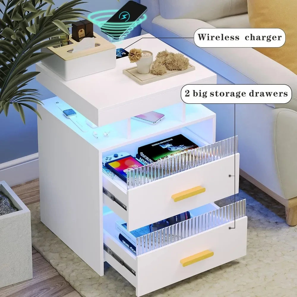 Table Smart Nightstand With Charging: Modern Night Stand With Drawers