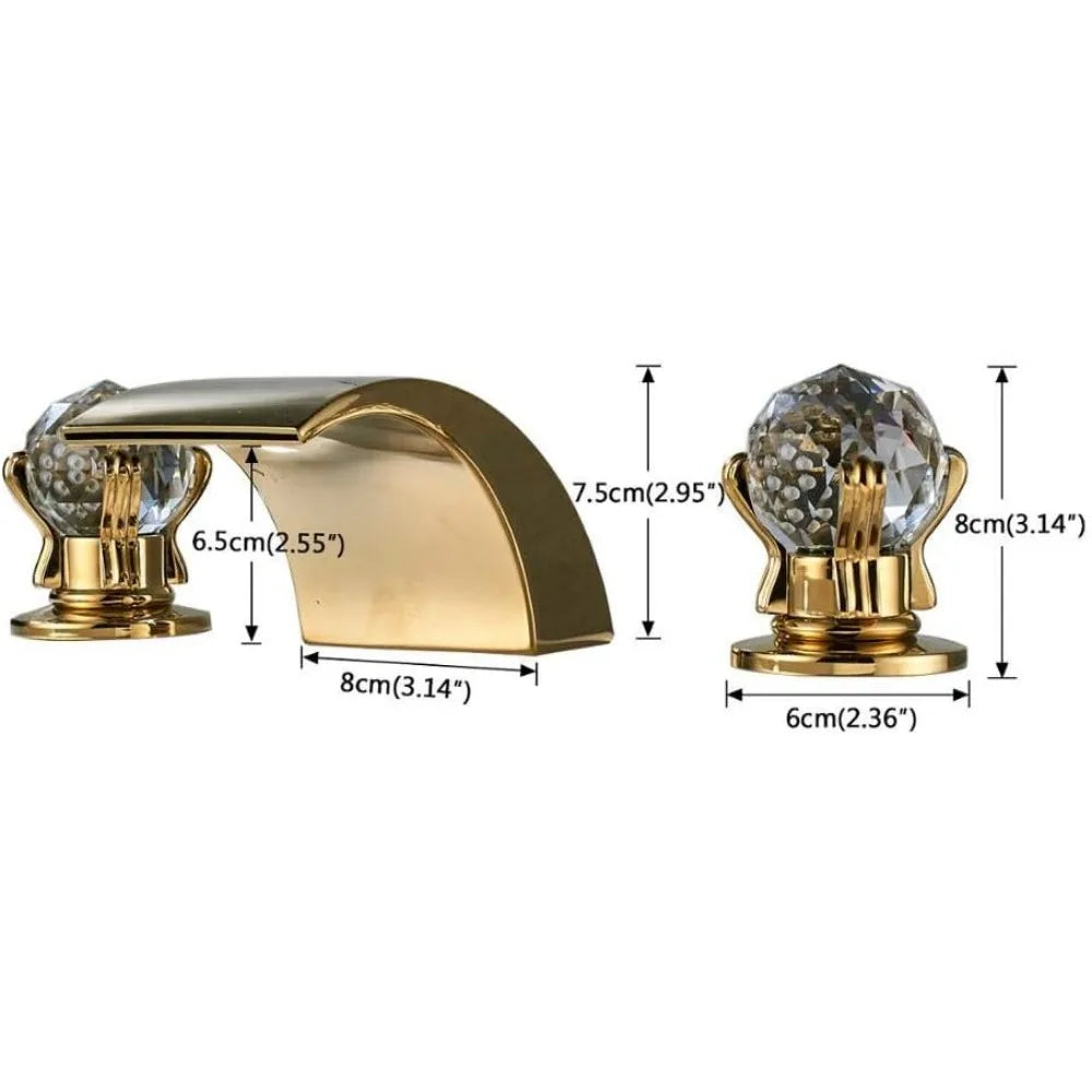 Waterfall Gold Polished Lavatory Faucets Basin Mixer Tap w/ Crystal Knobs