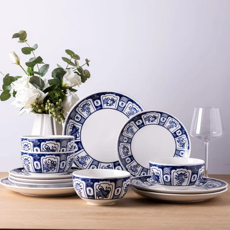 Ceramic Dinnerware Sets,Blue and White Plates and Bowls Set,Highly Chip and Crack Resistant | Dishwasher & Oven & Microwave