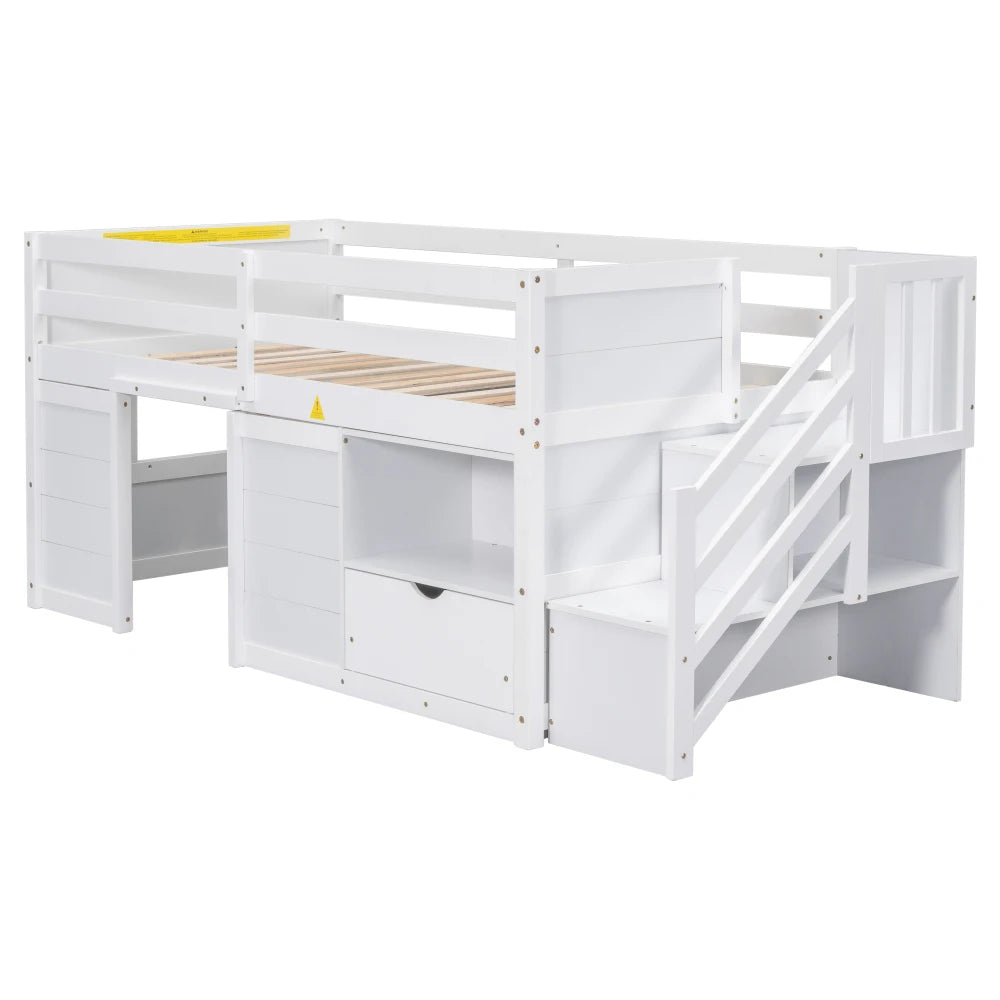 SOLID WOOD TWIN SIZE LOW LOFT BED WITH STAIR, DRAWER, AND SHELF OF WHITE COLOR