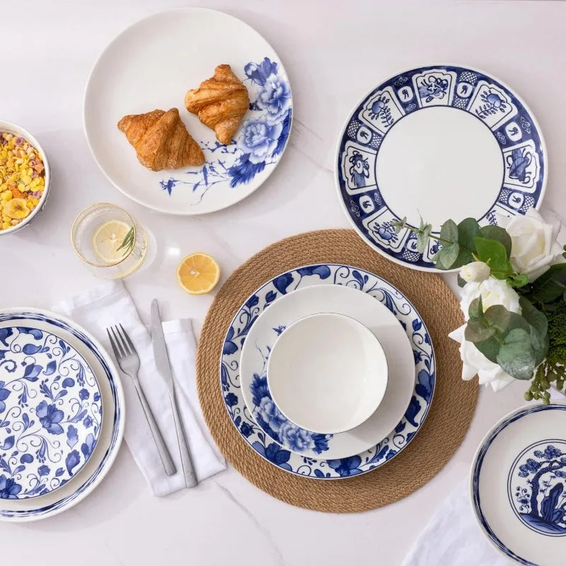 Ceramic Dinnerware Sets,Blue and White Plates and Bowls Set,Highly Chip and Crack Resistant | Dishwasher & Oven & Microwave