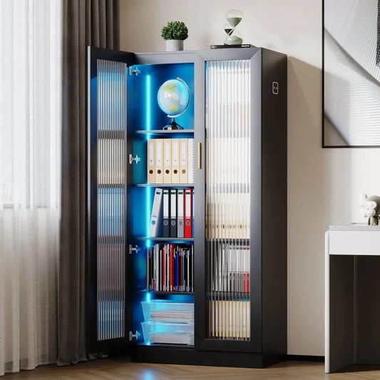 Glass Display with LED Lights, Curio Cabinet with 2 Doors and Tall Bookcase Modern Bookshelf, Kitchen Pantry Glass Display