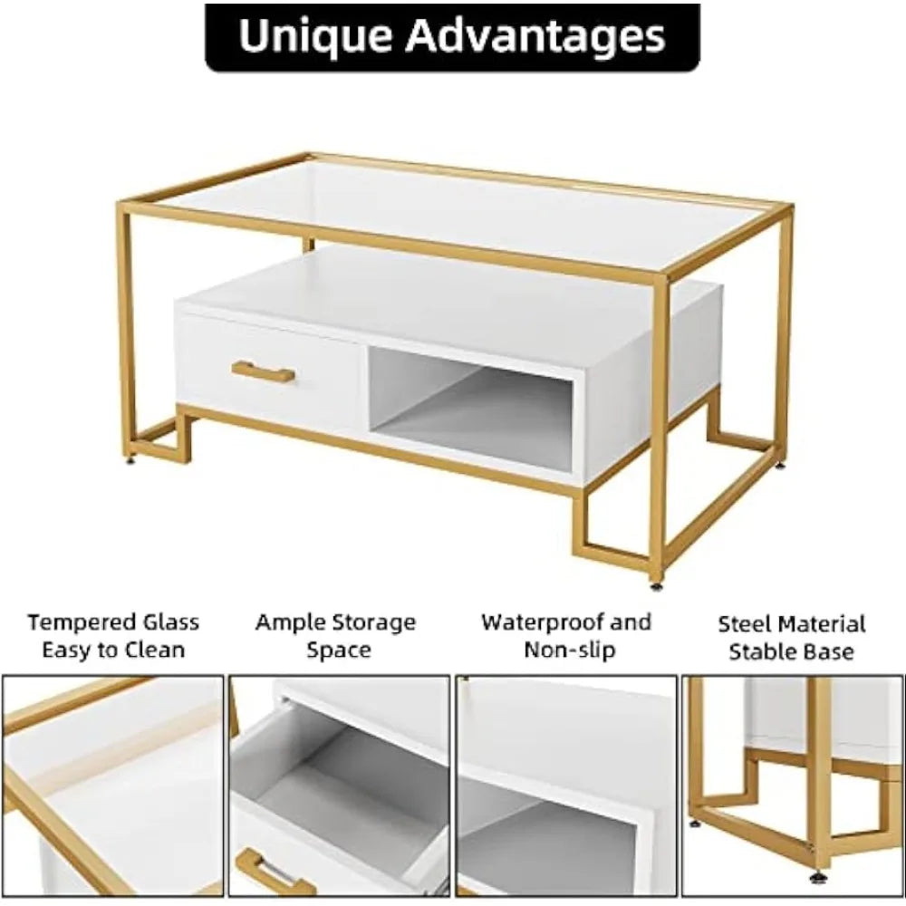 Coffee table tempered glass with 2 drawers and storage shelves