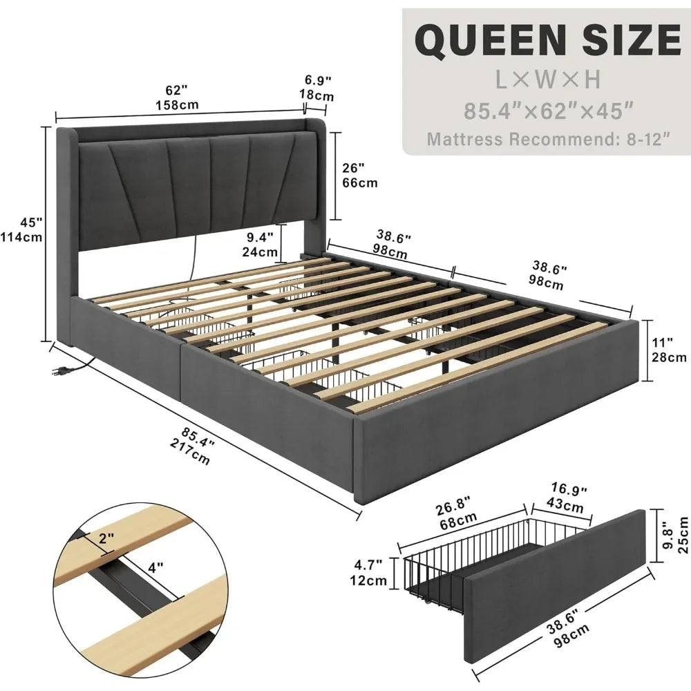 Full- Platform Bed with Storage Drawers and Outlets, Sturdy, Noiseless, Easy Assembly Bed Frame