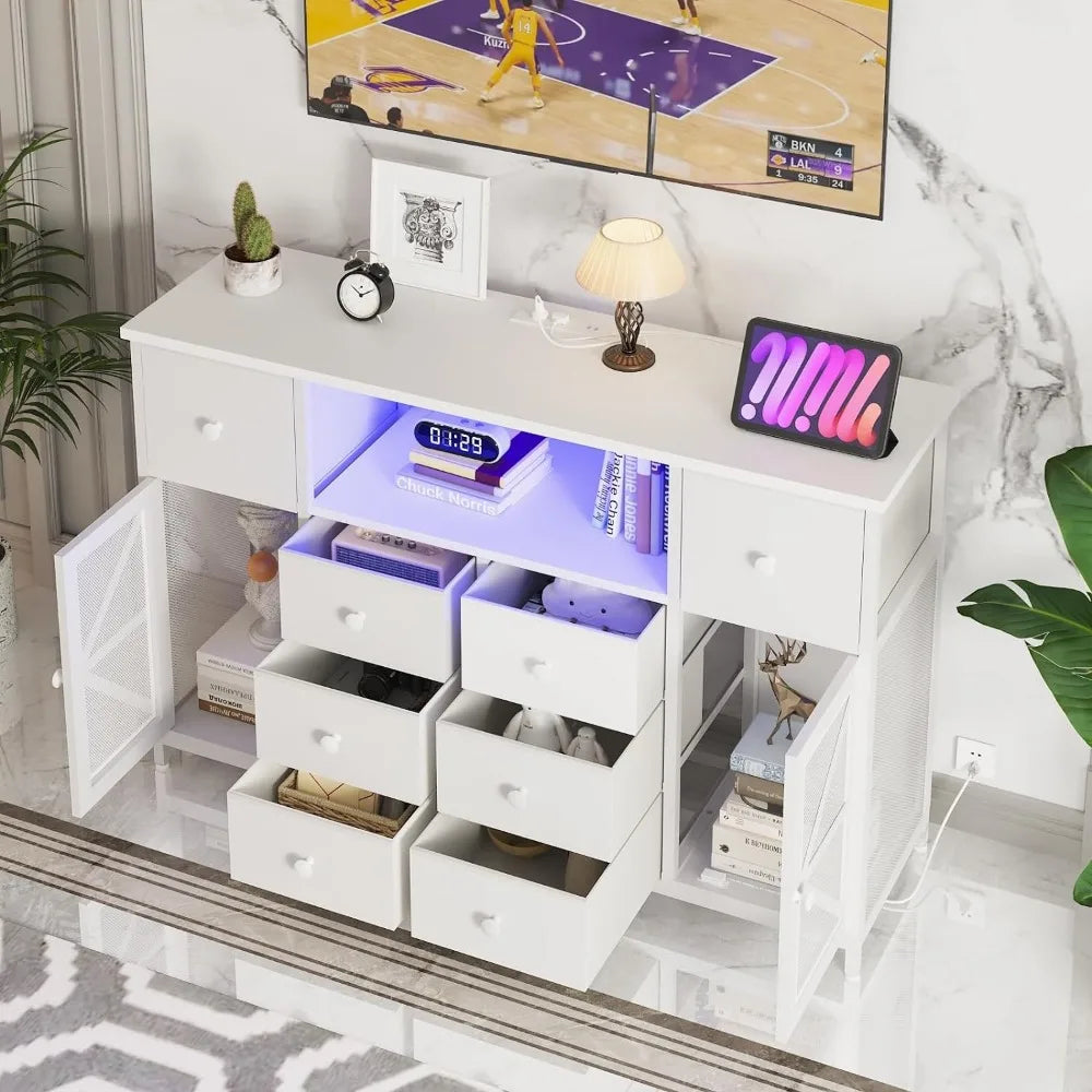 White Dresser for Bedroom with Charging Station and LED Lights