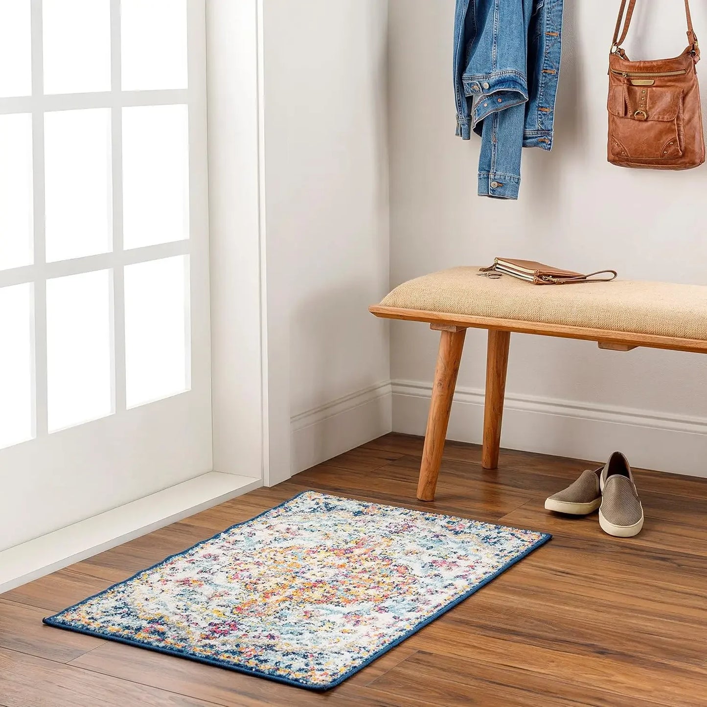 Vintage Bohemian Area Rug for High Traffic Areas, Aqua Non-Shedding and Easy Care Carpet