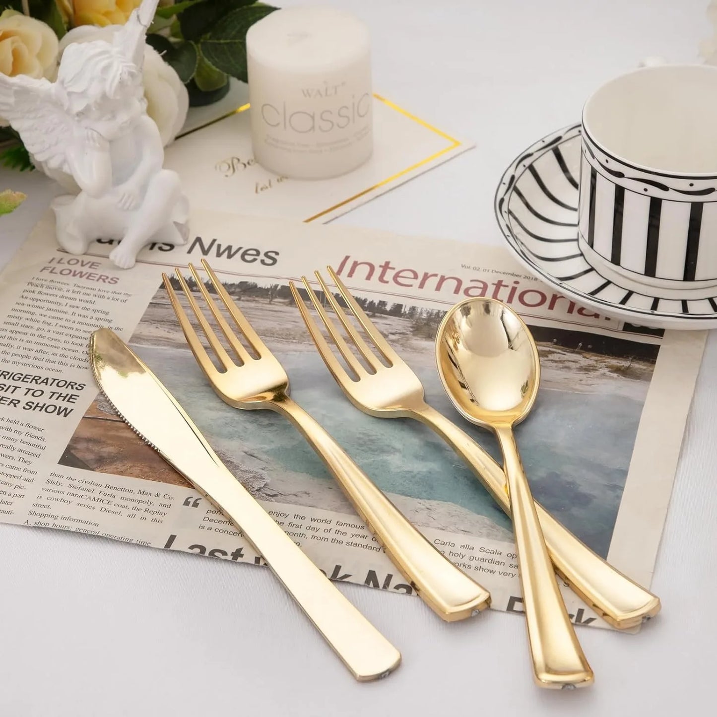 WDF 500PCS Gold Plastic Silverware Set Disposable - Gold Cutlery Set Plastic Utensils Set - 250 Gold Forks, 125 Spoons